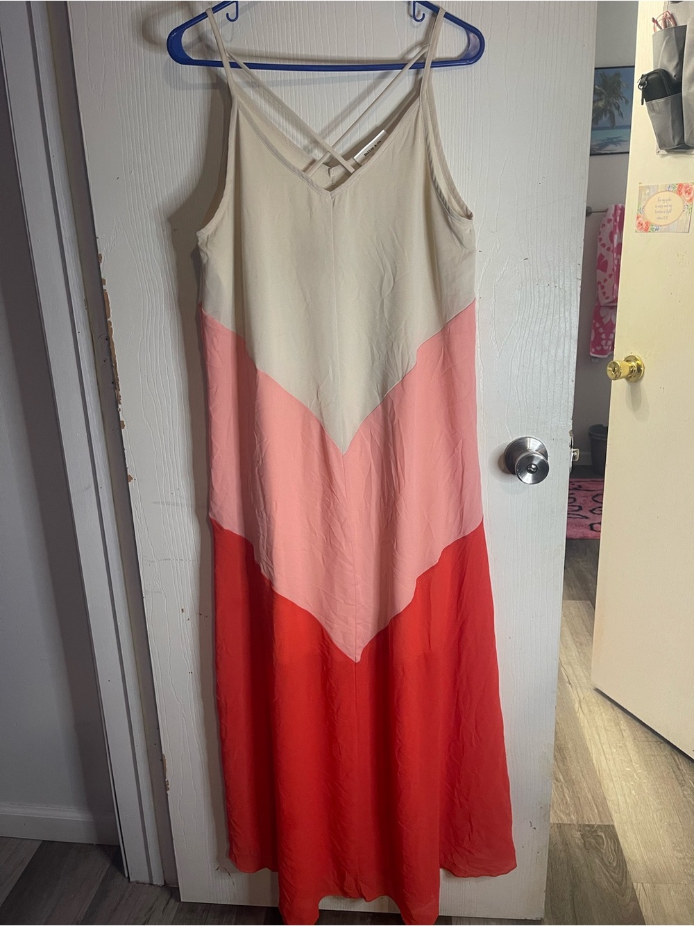 Sleeveless Colorblock Maxi Dress in Cream, Pink & Red